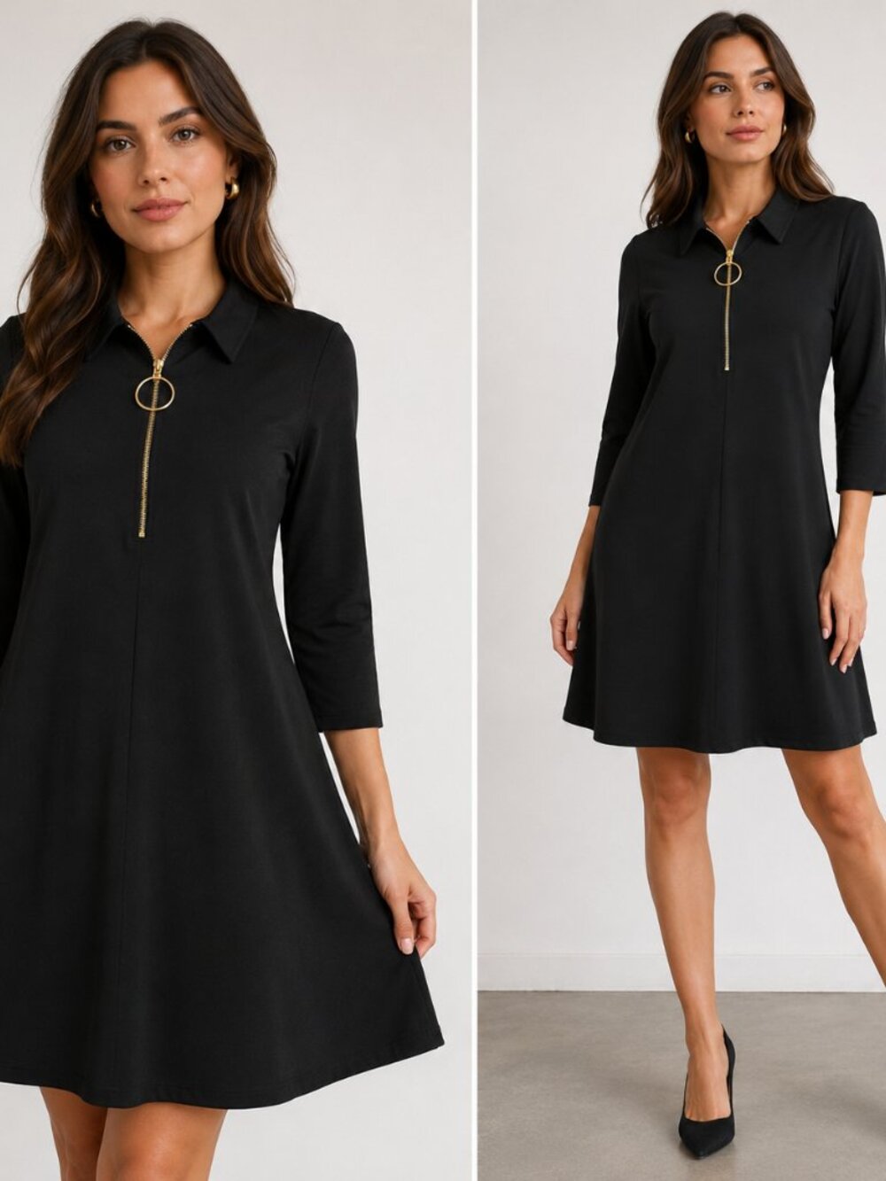 MSK Black Collared Dress | Gold O-Ring Zip Front | Size M | Like New